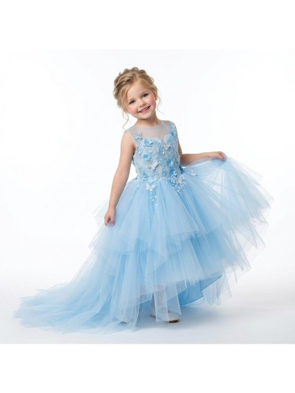 Girls Fairy Tale Princess Dress Ice Blue Tulle Floral Appliqué Birthday Party